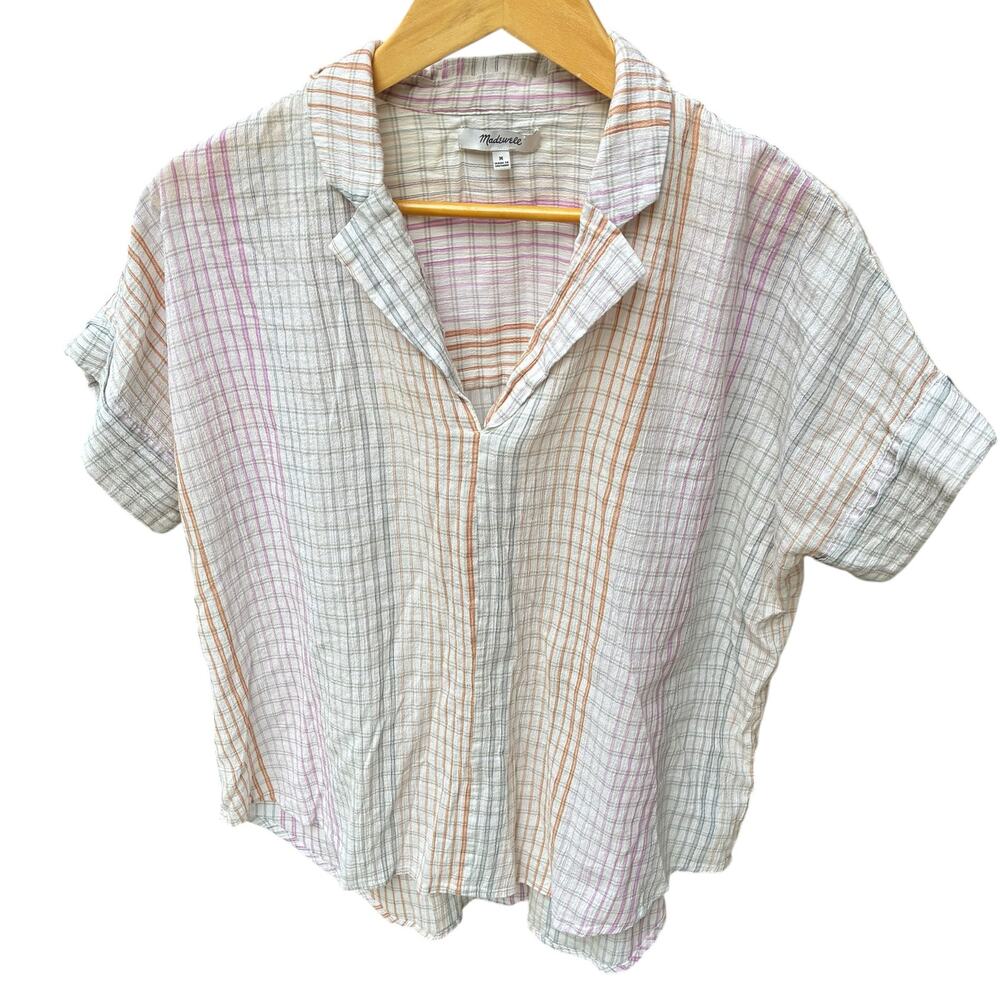 Madewell Lakeline Top Plaid Popover V Neck Shirt Cotton Pastel White Size Medium